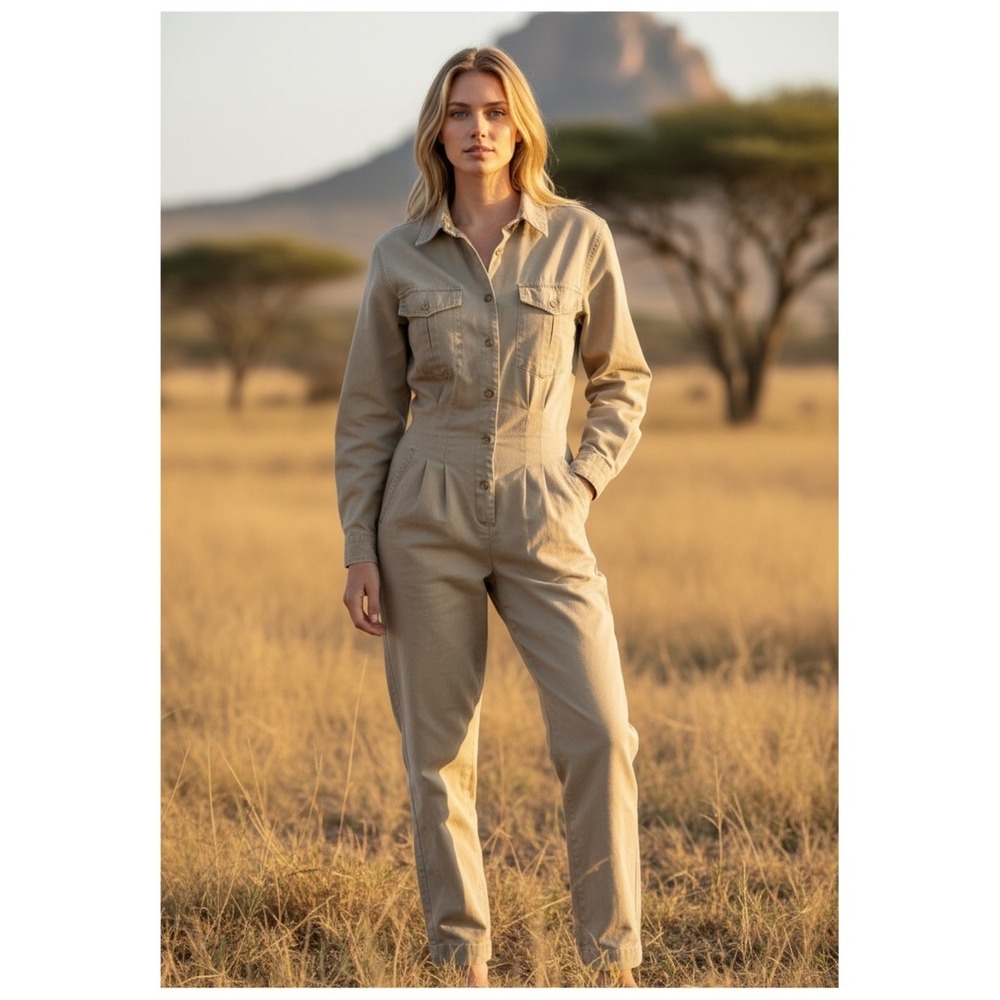 Banana Republic Vintage Pleated Front Jumpsuit Women's M Tan Utility Chic